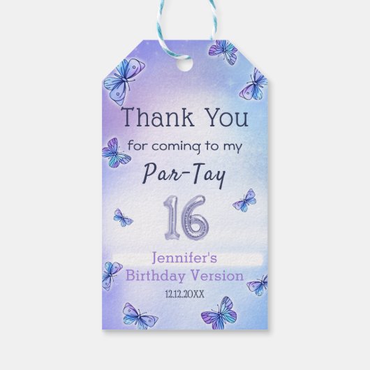 紫色の蝶の時代の誕生日パーティー ギフトタグ (裏面)