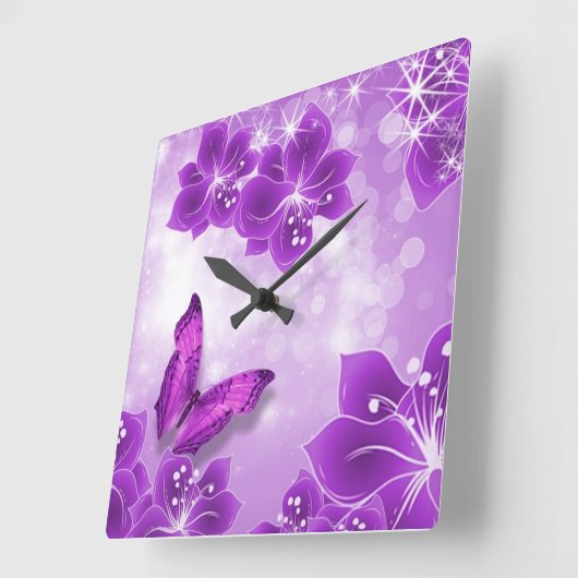 紫色の蝶の時計 スクエア壁時計 (傾斜)