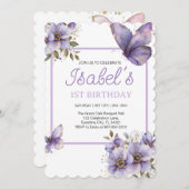 紫色の蝶の最初の誕生日、花の招待状 招待状 (正面/裏面)