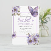 紫色の蝶の最初の誕生日、花の招待状 招待状 (スタンド正面)