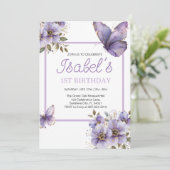 紫色の蝶の最初の誕生日、花の招待状 招待状 (スタンド正面)