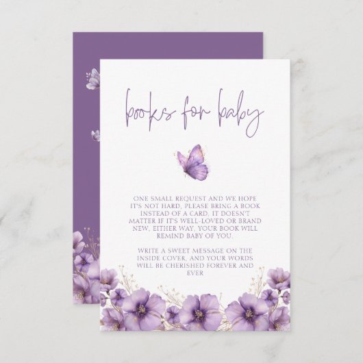 紫色の蝶の本ベビー、赤ちゃんシャワー エンクロージャーカード (正面/裏面)
