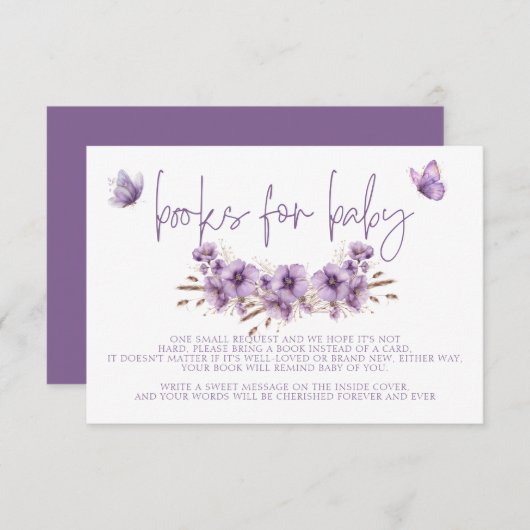 紫色の蝶の本ベビー、赤ちゃんシャワー エンクロージャーカード (正面/裏面)