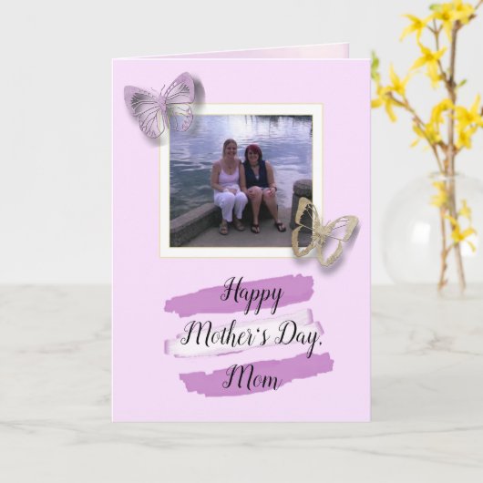 紫色の蝶の母の娘フォトマザーズの日 カード (黄色い花)