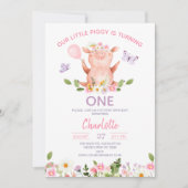 紫色の蝶の私たちの小さな子豚の最初の誕生日 招待状 (正面)