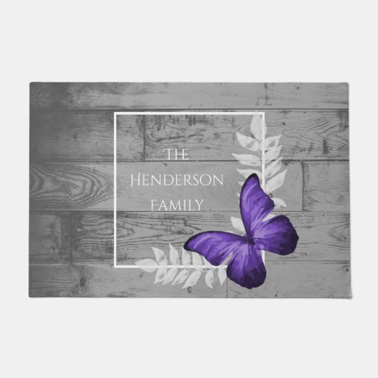 紫色の蝶の素朴パーソナライズされた模様 ドアマット (正面)