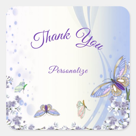 紫色の蝶の花ありがとうパーソナライズ スクエアシール (正面)