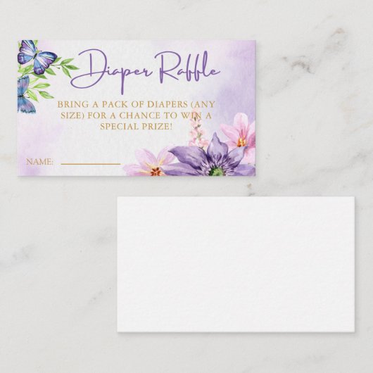 紫色の蝶の赤ちゃんシャワーおむつラッフル エンクロージャーカード (正面/裏面)