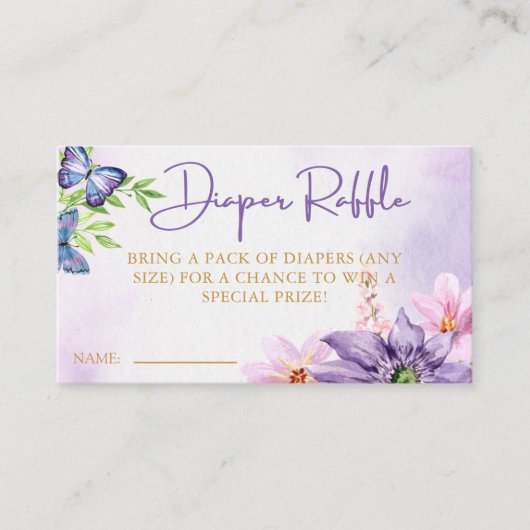 紫色の蝶の赤ちゃんシャワーおむつラッフル エンクロージャーカード (正面)