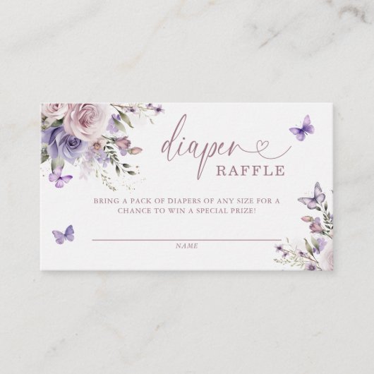 紫色の蝶の赤ちゃんシャワーおむつラッフル エンクロージャーカード (正面)