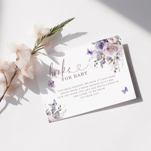 紫色の蝶の赤ちゃんシャワー本ベビー エンクロージャーカード
