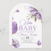 紫色の蝶の赤ちゃんシャワー、花 招待状 (正面/裏面)