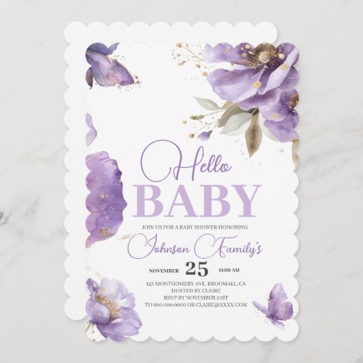 紫色の蝶の赤ちゃんシャワー、花 招待状 (正面/裏面)