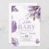 紫色の蝶の赤ちゃんシャワー、花 招待状 (正面/裏面)