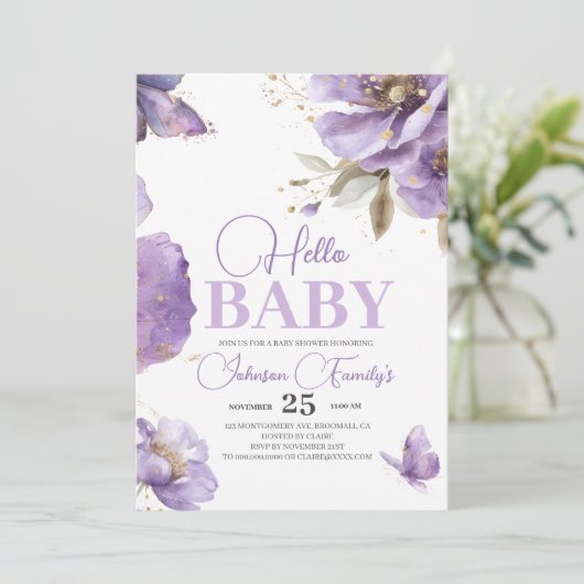 紫色の蝶の赤ちゃんシャワー、花 招待状 (スタンド正面)