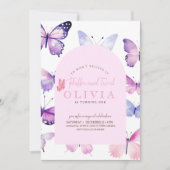 紫色の蝶ガールの最初の誕生日レインボー 招待状 (正面)