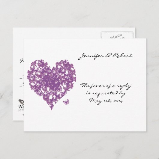 紫色の蝶ハート結婚式RSVP インビテーションポストカード (正面/裏面)