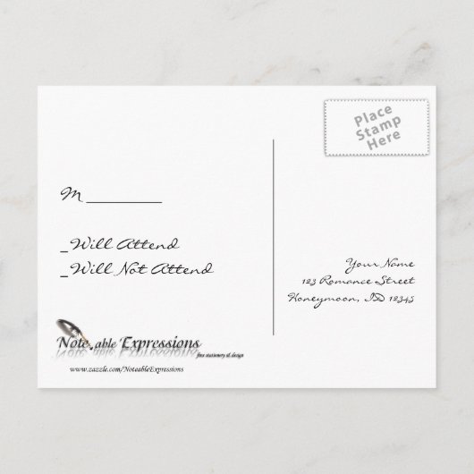 紫色の蝶ハート結婚式RSVP インビテーションポストカード (裏面)