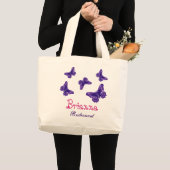 紫色の蝶パーソナライズな一流の新婦付添人 ラージトートバッグ (正面(商品))