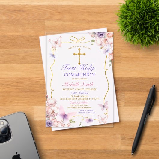 紫色の蝶ピンクのフローラ最初の聖餐式 アクリル招待状 (インサイチュ (招待状))