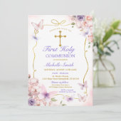 紫色の蝶ピンクのフローラ最初の聖餐式 招待状 (スタンド正面)