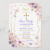 紫色の蝶ピンクのフローラ最初の聖餐式 招待状 (正面/裏面)