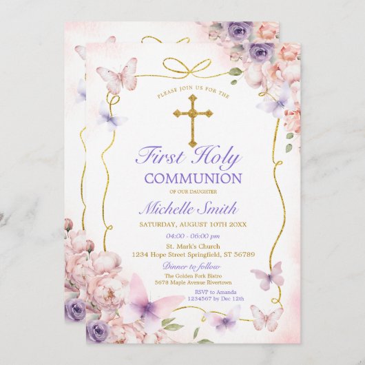 紫色の蝶ピンクのフローラ最初の聖餐式 招待状 (正面/裏面)
