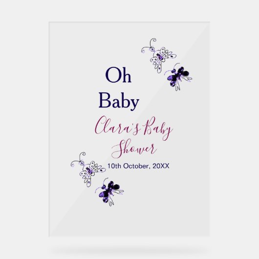 紫色の蝶ピンクの赤ちゃんシャワーああベビー モダン アクリルサイン (正面)