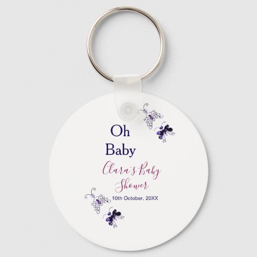 紫色の蝶ピンクの赤ちゃんシャワーああベビー モダン キーホルダー (正面)