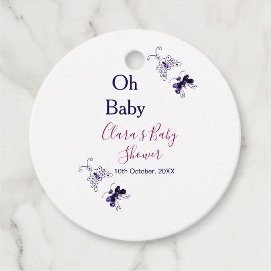 紫色の蝶ピンクの赤ちゃんシャワーああベビー モダン フェイバータグ (正面)