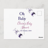 紫色の蝶ピンクの赤ちゃんシャワーああベビー モダン ポストカード (裏面)