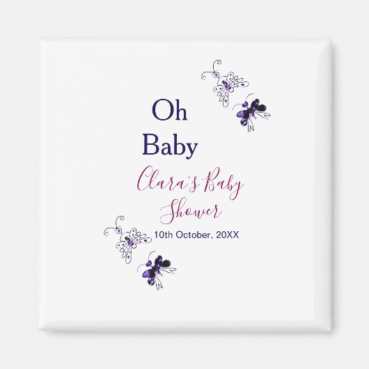 紫色の蝶ピンクの赤ちゃんシャワーああベビー モダン マグネット (正面)