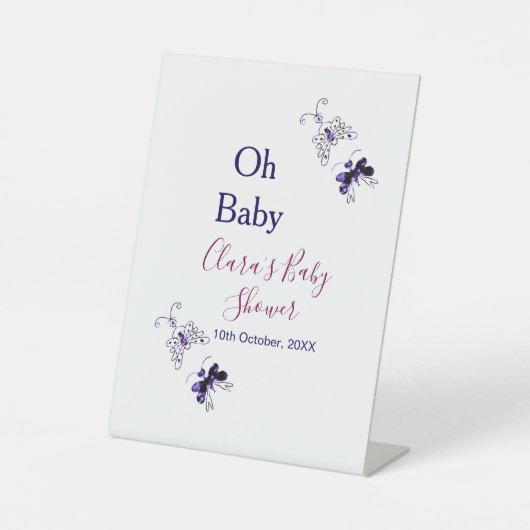 紫色の蝶ピンクの赤ちゃんシャワーああベビー モダン 台座サイン (正面)