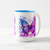 紫色の蝶ピンクブルークリスチャン聖十字架 ツートーンマグカップ (正面右)
