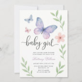 紫色の蝶フローラ赤ちゃん女の子の赤ちゃんシャワー 招待状 (正面)