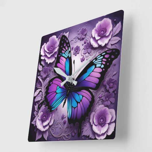 紫色の蝶フローラ スクエア壁時計 (傾斜)