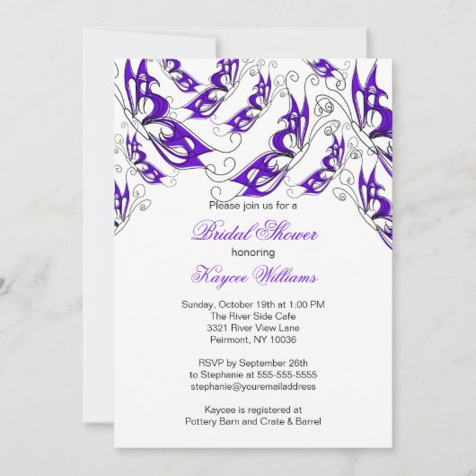 紫色の蝶ブライダルシャワーの招待状 招待状 (正面)