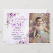 紫色の蝶ボホ花1stバースデーフォト 招待状 (正面)