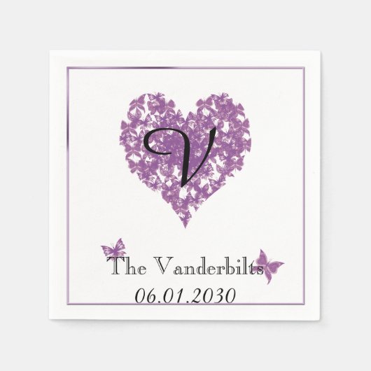 紫色の蝶モノグラム結婚のナプキン スタンダードカクテルナプキン (正面)