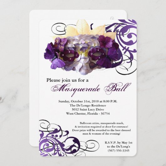 紫色の蝶仮面舞踏会のマスクの衣裳ハロウィン 招待状 (正面/裏面)