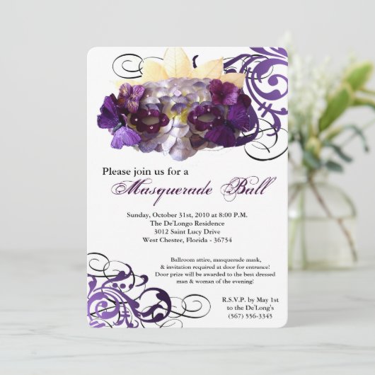 紫色の蝶仮面舞踏会のマスクの衣裳ハロウィン 招待状 (スタンド正面)