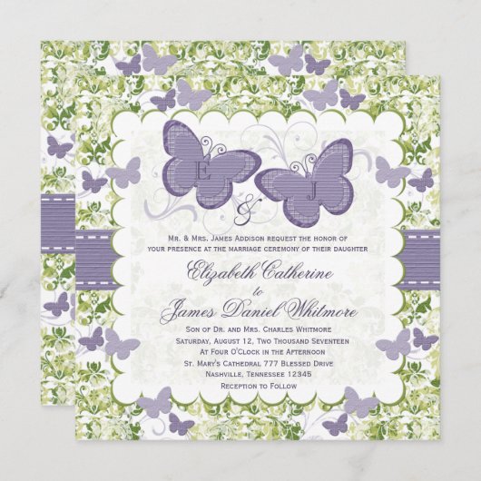 紫色の蝶結婚式招待状 招待状 (正面/裏面)