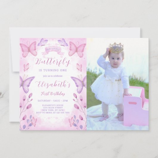 紫色の蝶誕生日招待状と写真 招待状 (正面)