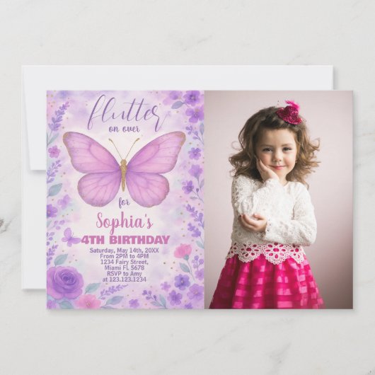 紫色の蝶誕生日招待状と写真 招待状 (正面)