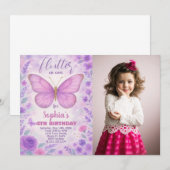 紫色の蝶誕生日招待状と写真 招待状 (正面/裏面)