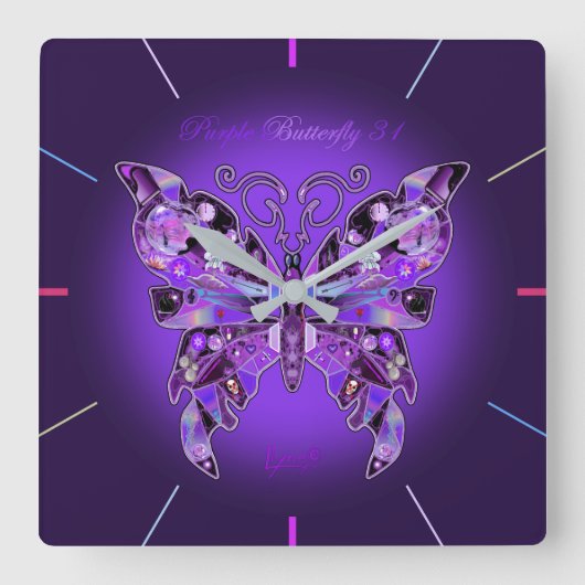 紫色の蝶31ラウンドクロック スクエア壁時計 (正面)