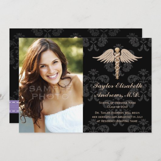 紫色の衛生学校の卒業の発表 招待状 (正面/裏面)