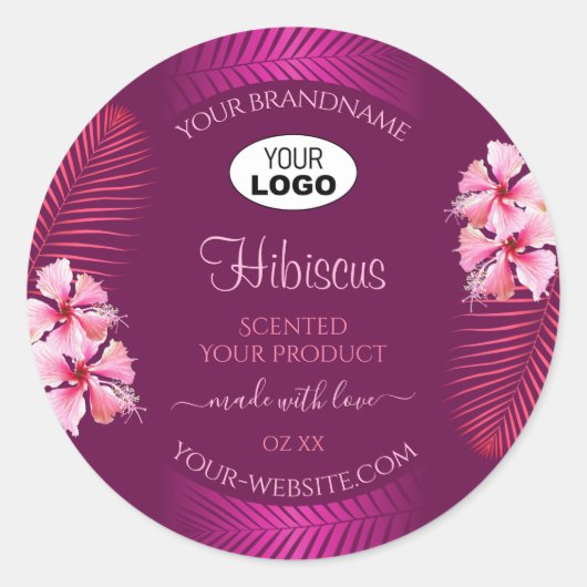 紫色の製品ラベルPink Hawaii Flowers Add Logo ラウンドシール (正面)