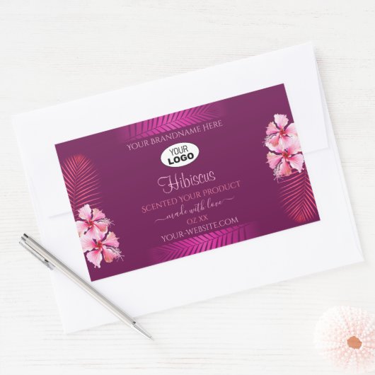 紫色の製品ラベルPink Hawaii Flowers Add Logo 長方形シール (封筒)