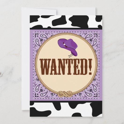 紫色の西部の女性のカーボーイの誕生会 招待状 (裏面)